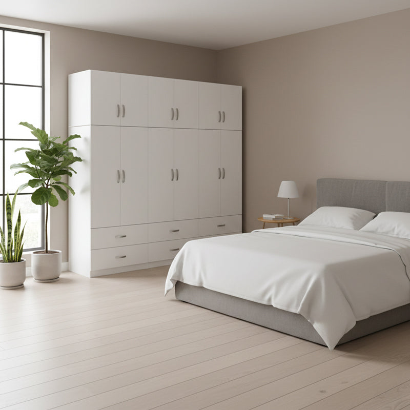 Dulap Athos cu 6 usi, sertare si loft, 240x42x240 cm - Alb