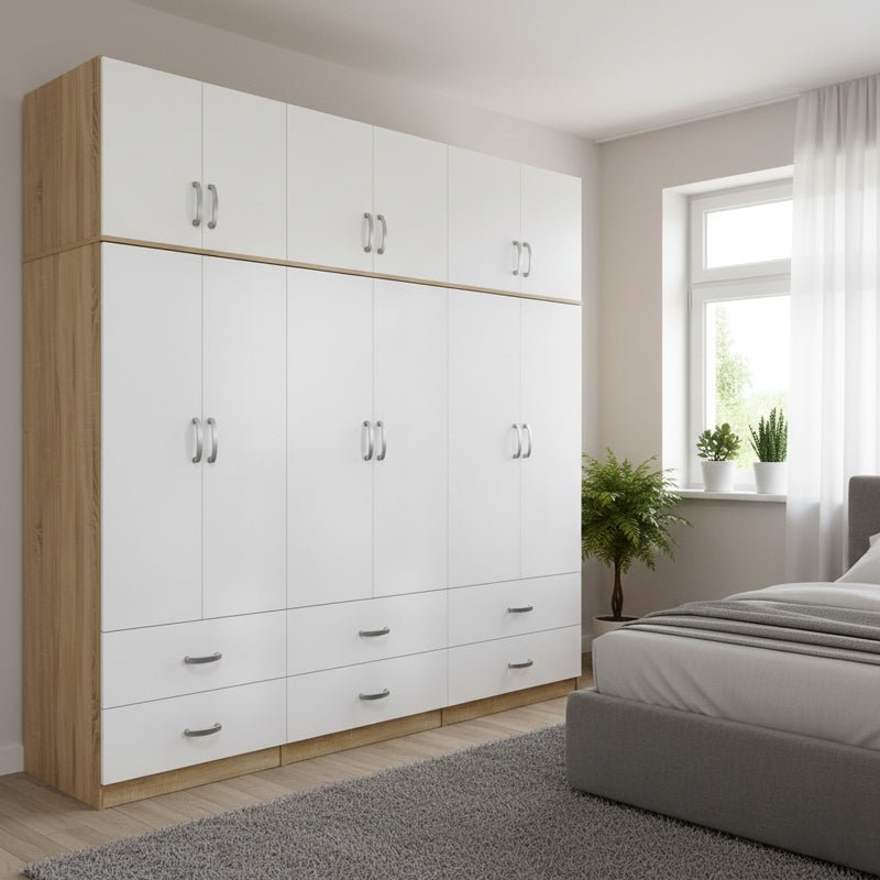 Dulap Athos cu 6 usi, sertare si loft, 240x42x240 cm - Sonoma-Alb