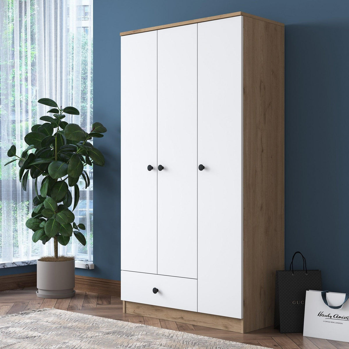 Dulap de Haine Filip cu 3 usi si un Sertar, Nuc, 90 x 170 x 43 cm ...