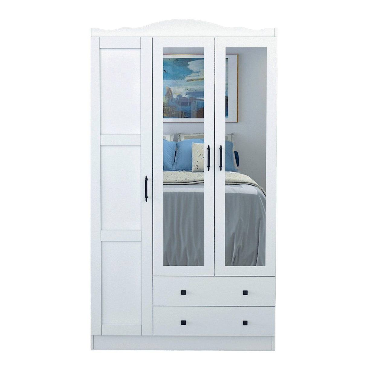 Dulap de Haine Sahra cu 3 Usi cu Oglinda si 2 Sertare, Alb, 105 x 186 x 56 cm