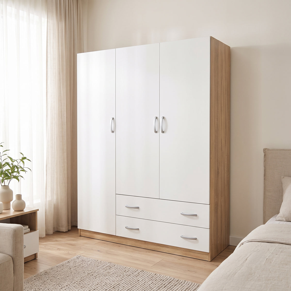 Dulap de haine Three-leaf wardrobe cu 2 drawers Alvia, Diverse culori, 150x51x180cm - Alb-Sonoma