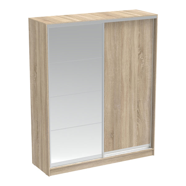 Dulap dormitor cu 2 usi glisante cu oglinda Aparador, Alb - Stejar, 180x60x220 cm