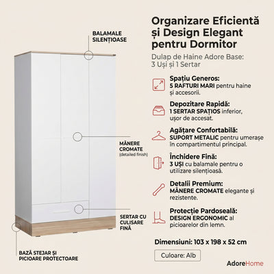 Dulap Haine Adore Base, 3 usi, 1 sertar, Alb, 103 x 198 x 52 cm