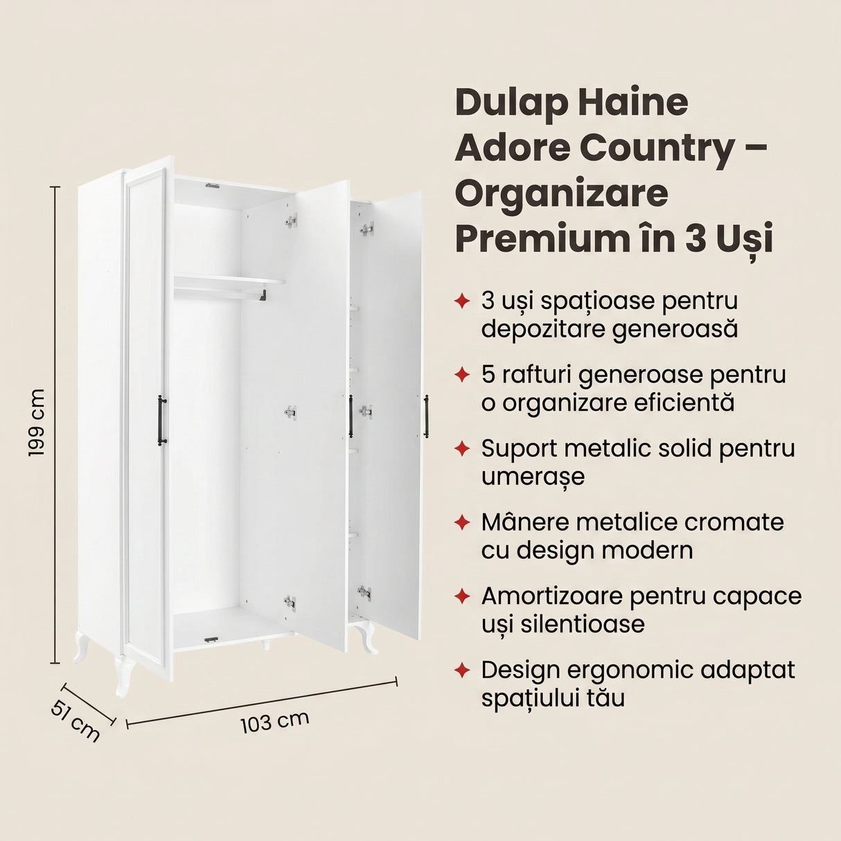 Dulap Haine Adore Country, 3 usi, Alb, 103x199x51 cm