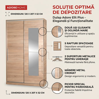 Dulap Haine Adore Elit Plus, 2 usi glisante cu oglinda, Sonoma, 120 x 207 x 52 cm
