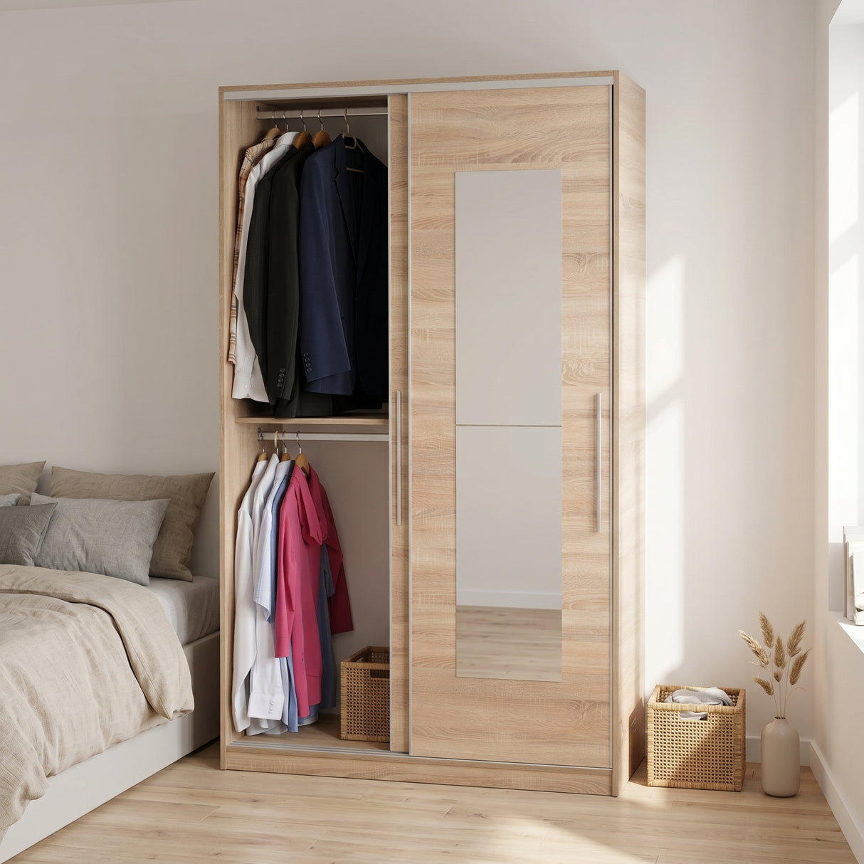 Dulap Haine Adore Elit Plus, 2 usi glisante cu oglinda, Sonoma, 120x207x52 cm