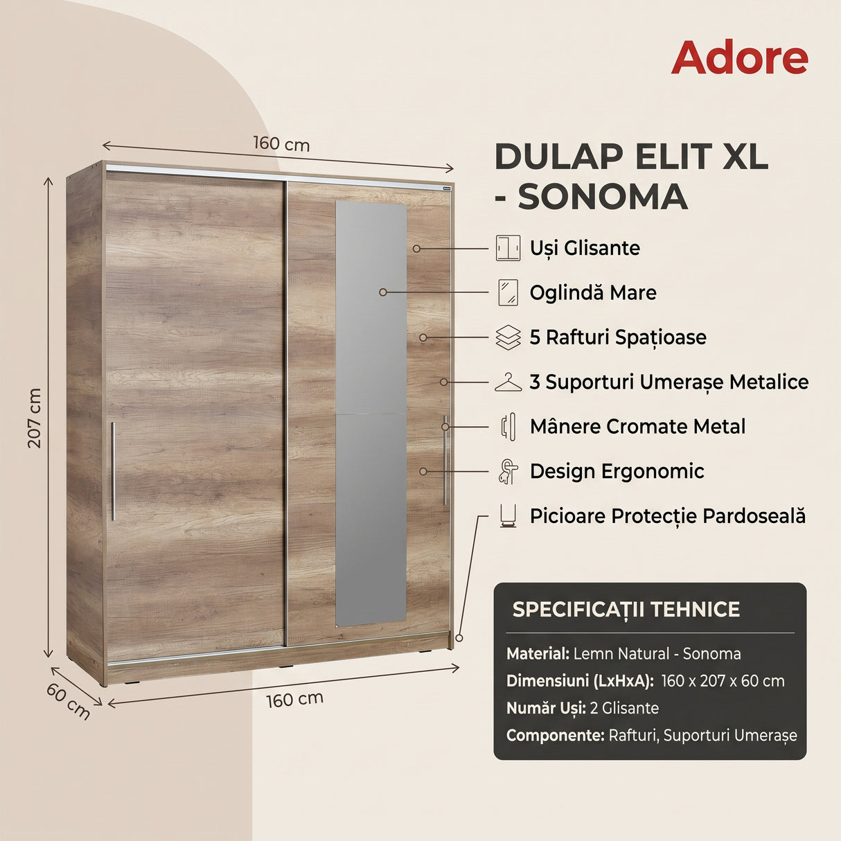 Dulap Haine Adore Elit XL, 2 usi glisante cu oglinda si 3 umarase, Lemn, Natural - Sonoma, 160x207x60 cm