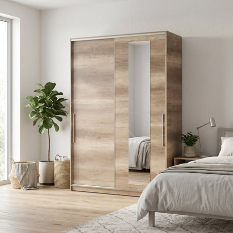 Dulap Haine Adore Elit XL, 2 usi glisante cu oglinda si 3 umarase, Lemn, Natural - Sonoma, 160x207x60 cm