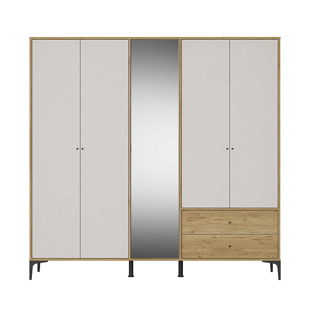 Dulap Haine Adore Madrid cu 5 usi, 2 sertare si oglinda, 207x201x51 cm - Stejar - Vizon