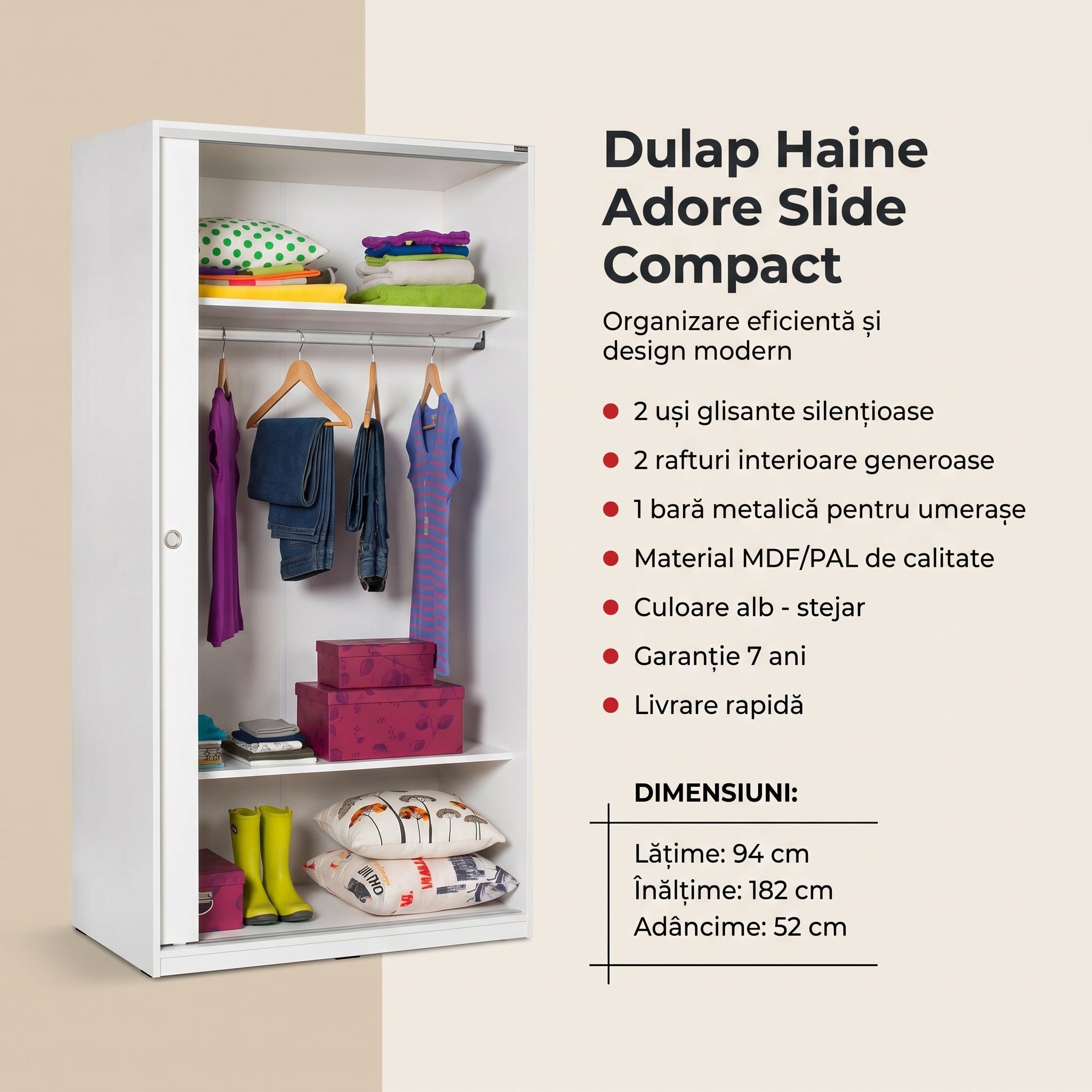 Dulap Haine Adore Slide Compact, 2 usi glisante, 94x182x52 cm
