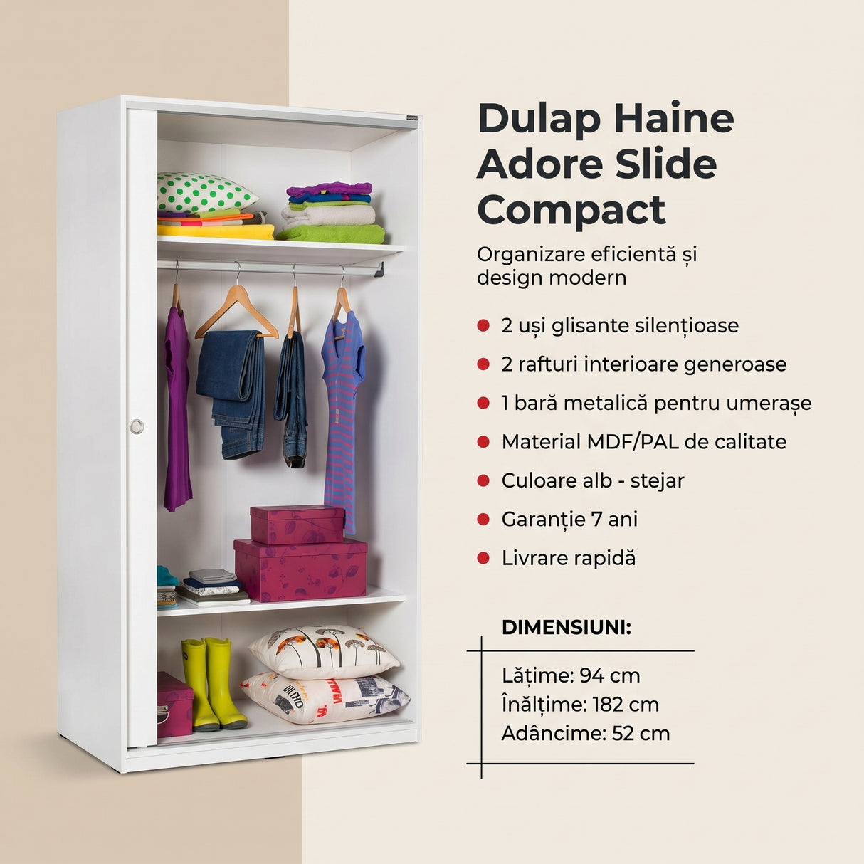 Dulap Haine Adore Slide Compact, 2 usi glisante, 94x182x52 cm - Alb