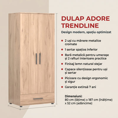 Dulap Haine Adore Trendline cu 2 usi si sertar, Stejar, 80x187x52 cm, detaliu produs