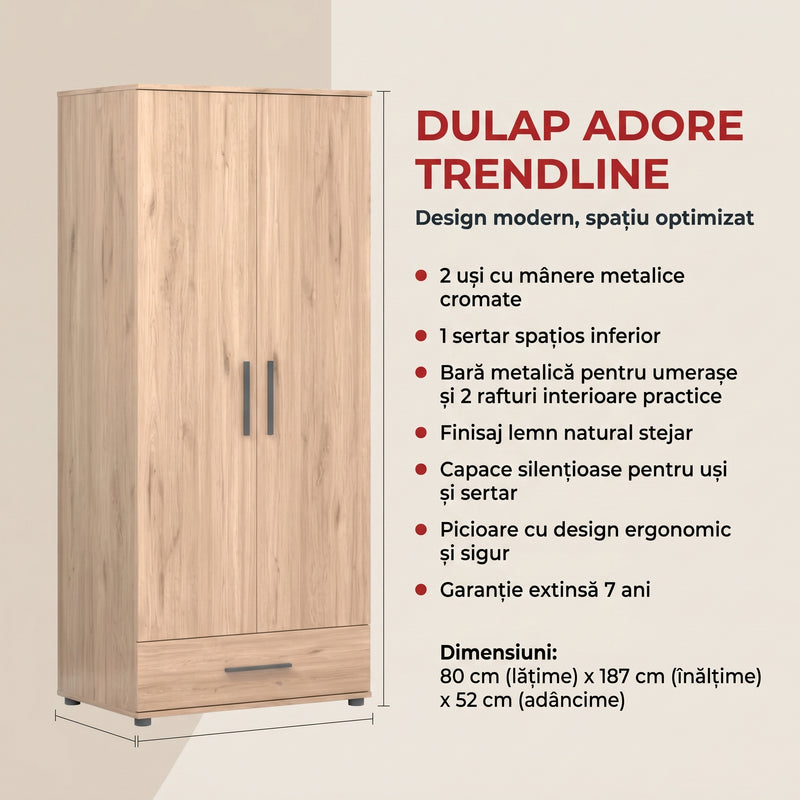 Dulap Haine Adore Trendline cu 2 usi si sertar, Stejar, 80x187x52 cm, detaliu produs