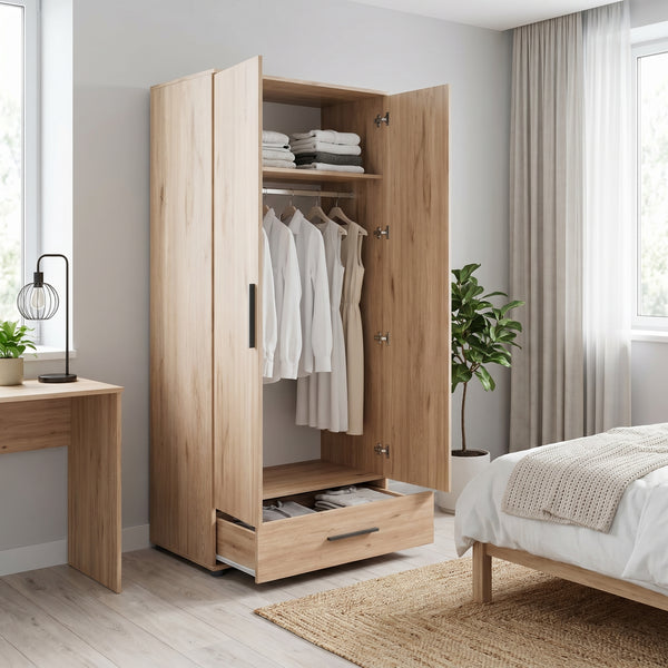 Dulap Haine Adore Trendline cu 2 usi si sertar, Stejar, 80x187x52 cm