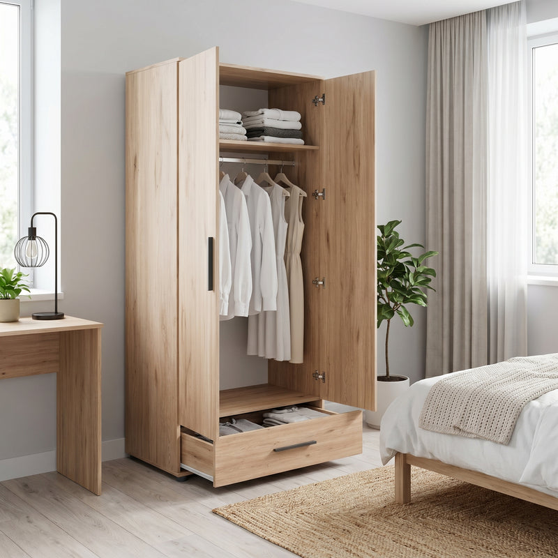 Dulap Haine Adore Trendline cu 2 usi si sertar, Stejar, 80x187x52 cm, imagine suplimentara