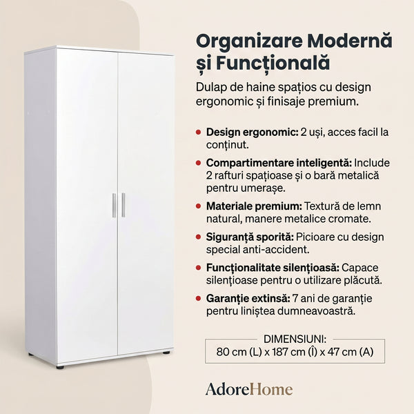 Dulap Haine Adore Trendline cu 2 usi si umeras, Alb - Stejar, 80x187x47 cm