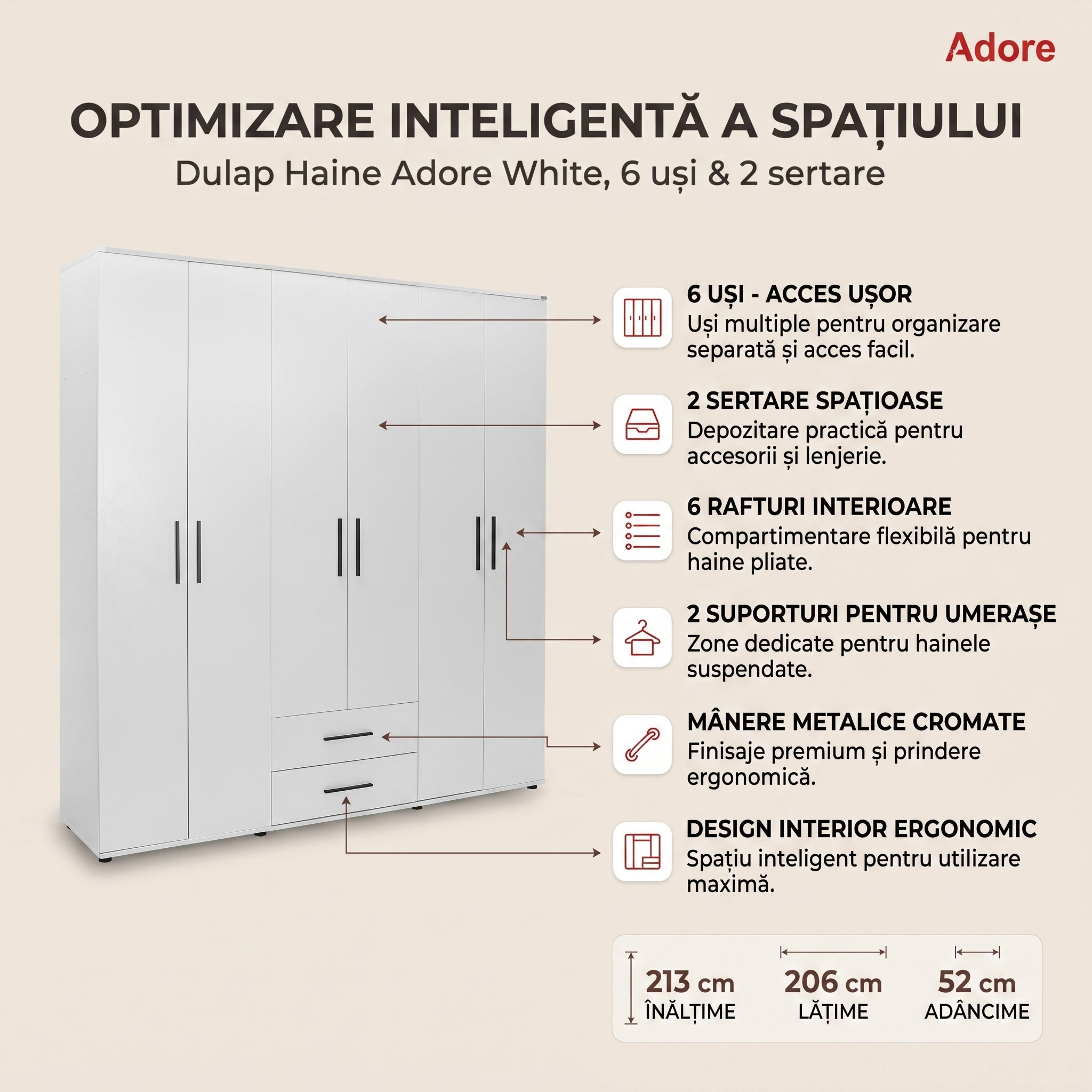 Dulap Haine Adore White, 6 usi, 2 sertare, Alb, 206x213x52 cm