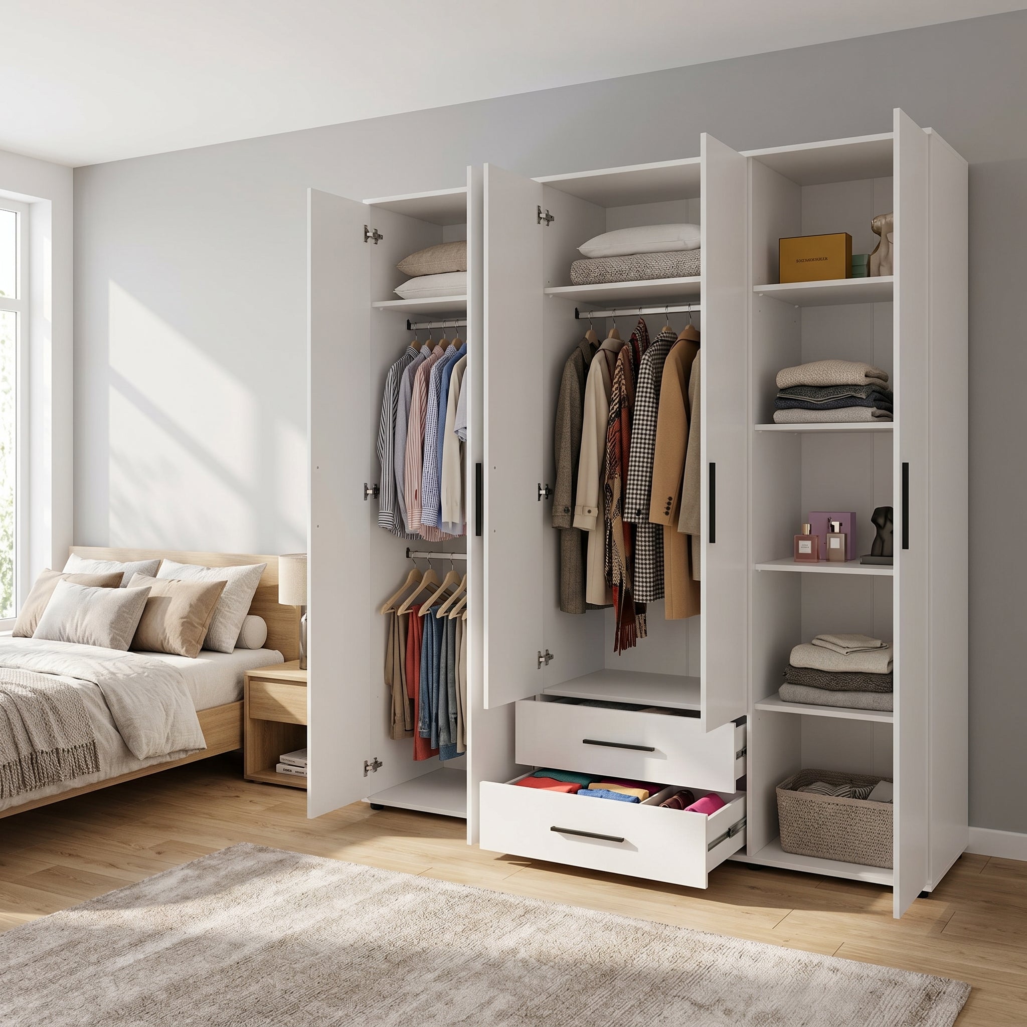 Dulap Haine Adore White, 6 usi, 2 sertare, Alb, 206x213x52 cm