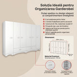 Dulap Haine Dormitor Ema 6 usi si 2 sertare, Alb - Nuc Alb, 243x181x48 cm - Alb