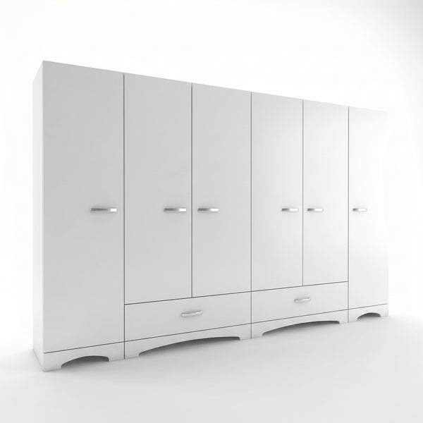 Dulap Haine Dormitor Ema 6 usi si 2 sertare, Alb - Nuc Alb, 243x181x48 cm