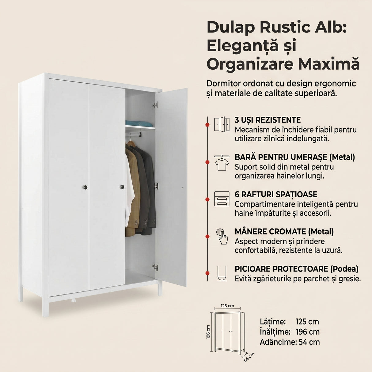 Dulap Haine MDF Adore Rustic, cu 3 usi si umarase, 6 rafturi, Alb, 125x196x54 cm