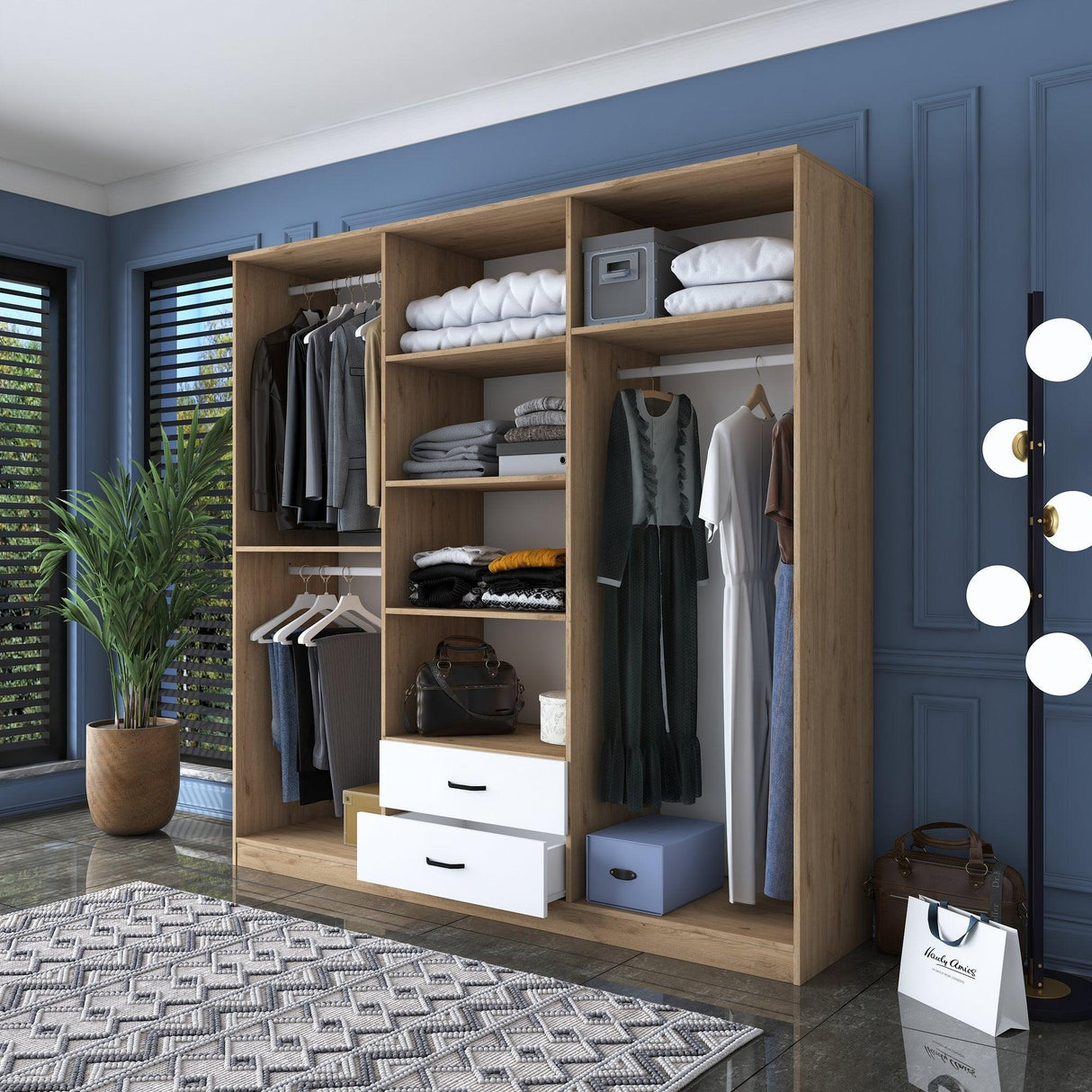 Dulap Haine Okben 6 usi cu 2 sertare 3 bare de umerase, Nuc, 210 x 210 x 52 cm