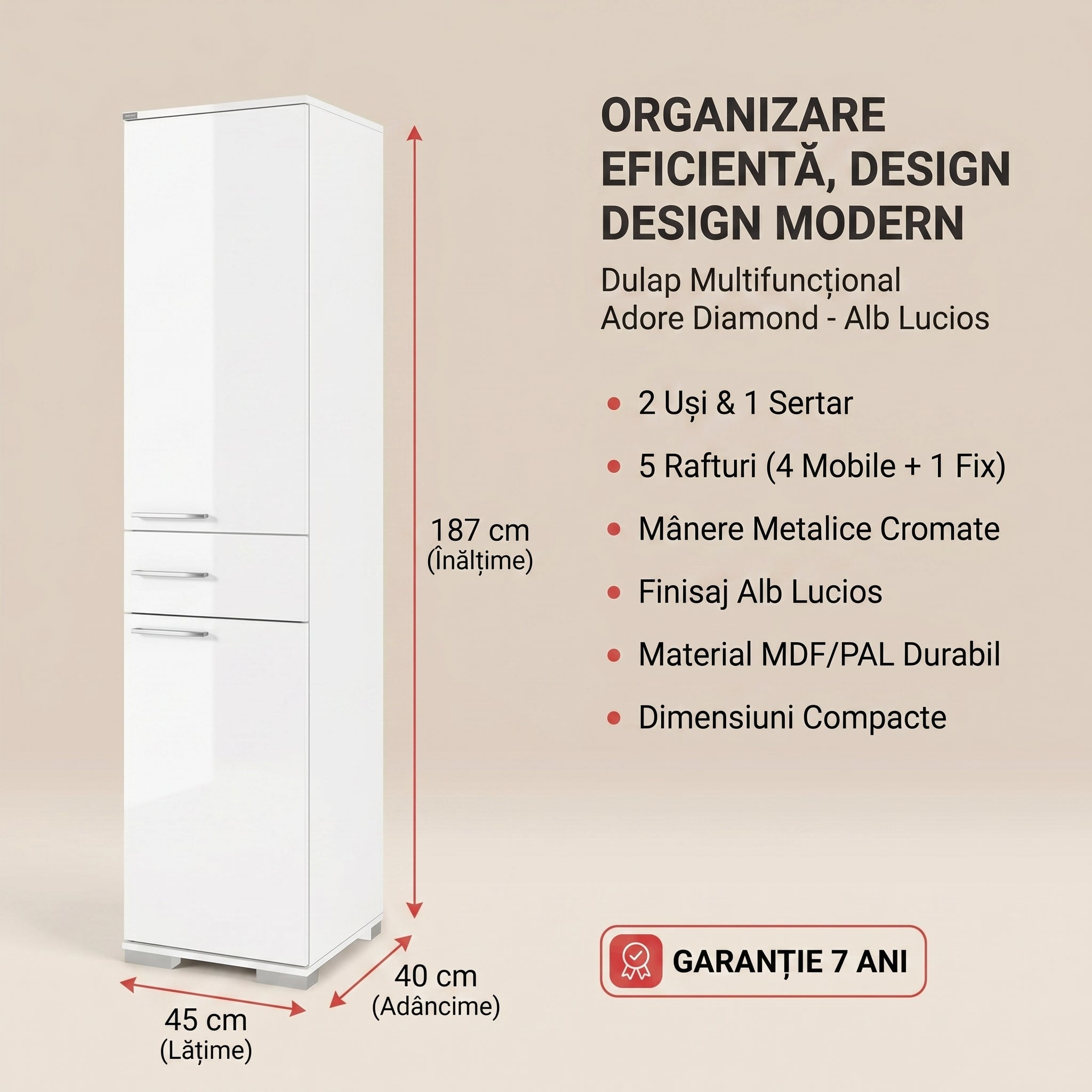 Dulap Multifunctional Adore Diamond, 2 usi, 1 sertar, Alb Lucios