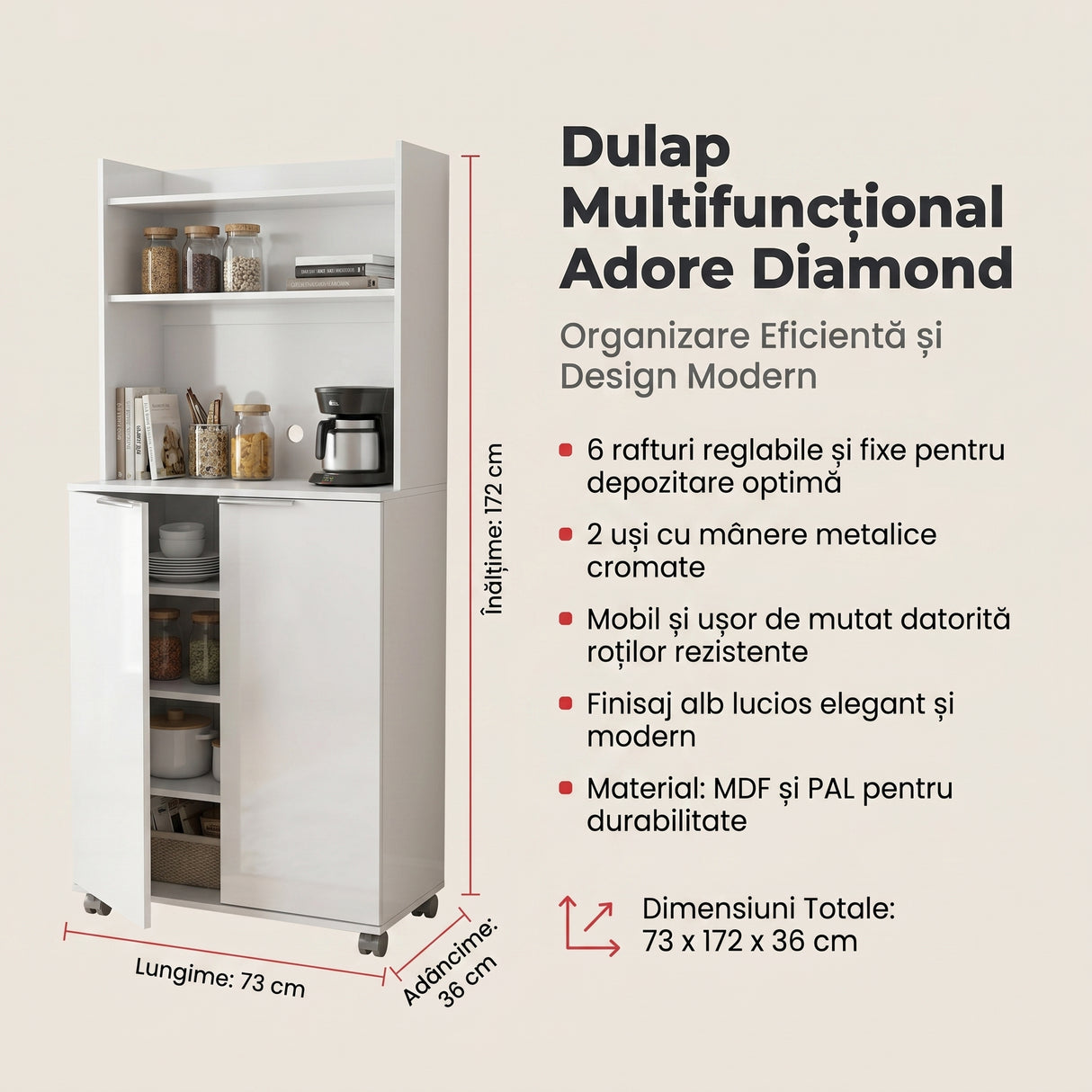 Dulap Multifunctional Adore Diamond, 2 usi, 6 rafturi, cu rotile, Alb Lucios, 73x172x36 cm
