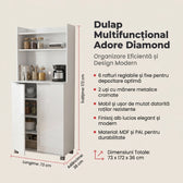 Dulap Multifunctional Adore Diamond, 2 usi, 6 rafturi, cu rotile, Alb Lucios, 73 x 172 x 36 cm