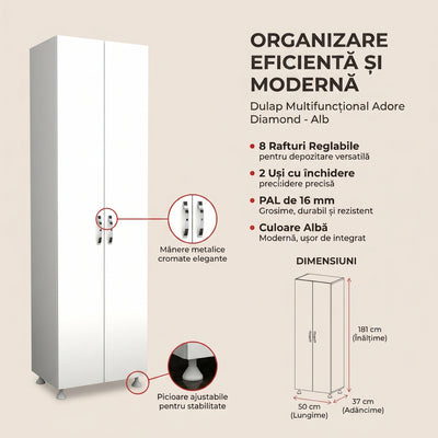 Dulap multifunctional Adore Diamond, 8 rafturi, 2 Usi, Alb 50x181x37 Cm