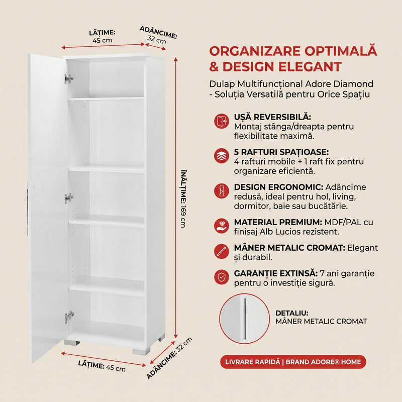 Dulap Multifunctional Adore Diamond, Usa reversibila, 5 rafturi, Alb, 45x169x32 cm, perspectiva suplimentara