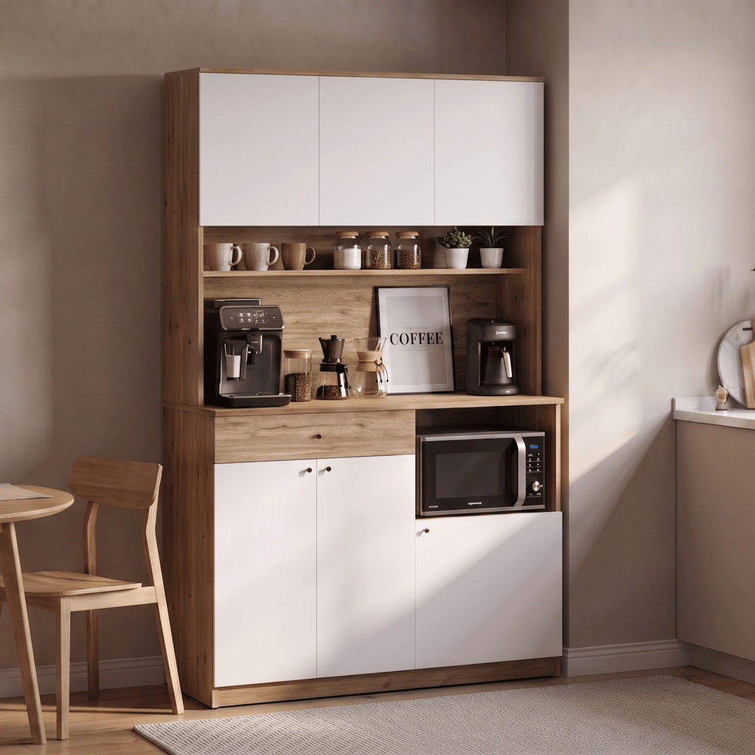 Dulap multifunctional Adore Lungo pentru colt de cafea, 6 usi si 1 sertar, Stejar - Alb, 120x195x45 cm