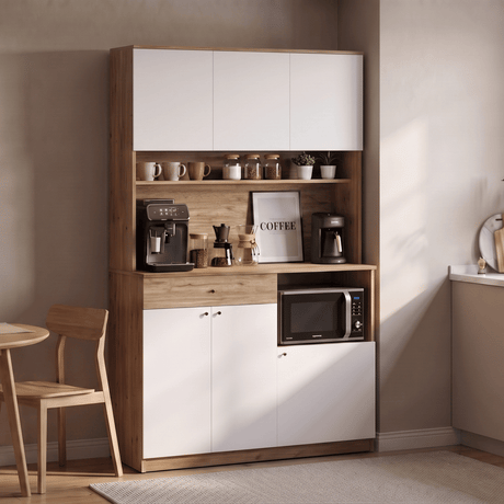 Dulap multifunctional Adore Lungo pentru colt de cafea, 6 usi si 1 sertar, Stejar - Alb, 120x195x45 cm