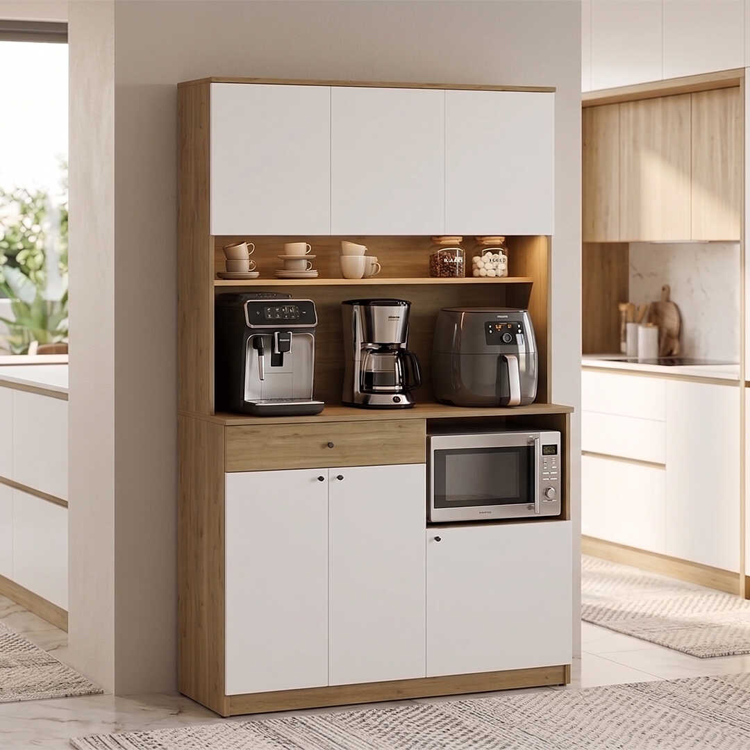 Dulap multifunctional Adore Lungo pentru colt de cafea, 6 usi si 1 sertar, Stejar - Alb, 120x195x45 cm
