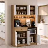 Dulap multifunctional Adore Lungo pentru colt de cafea, 6 usi si 1 sertar, Stejar - Alb, 120x195x45 cm