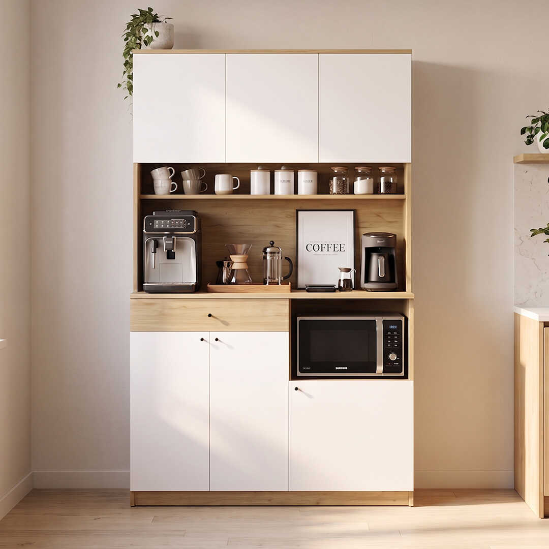 Dulap multifunctional Adore Lungo pentru colt de cafea, 6 usi si 1 sertar, Stejar - Alb, 120x195x45 cm