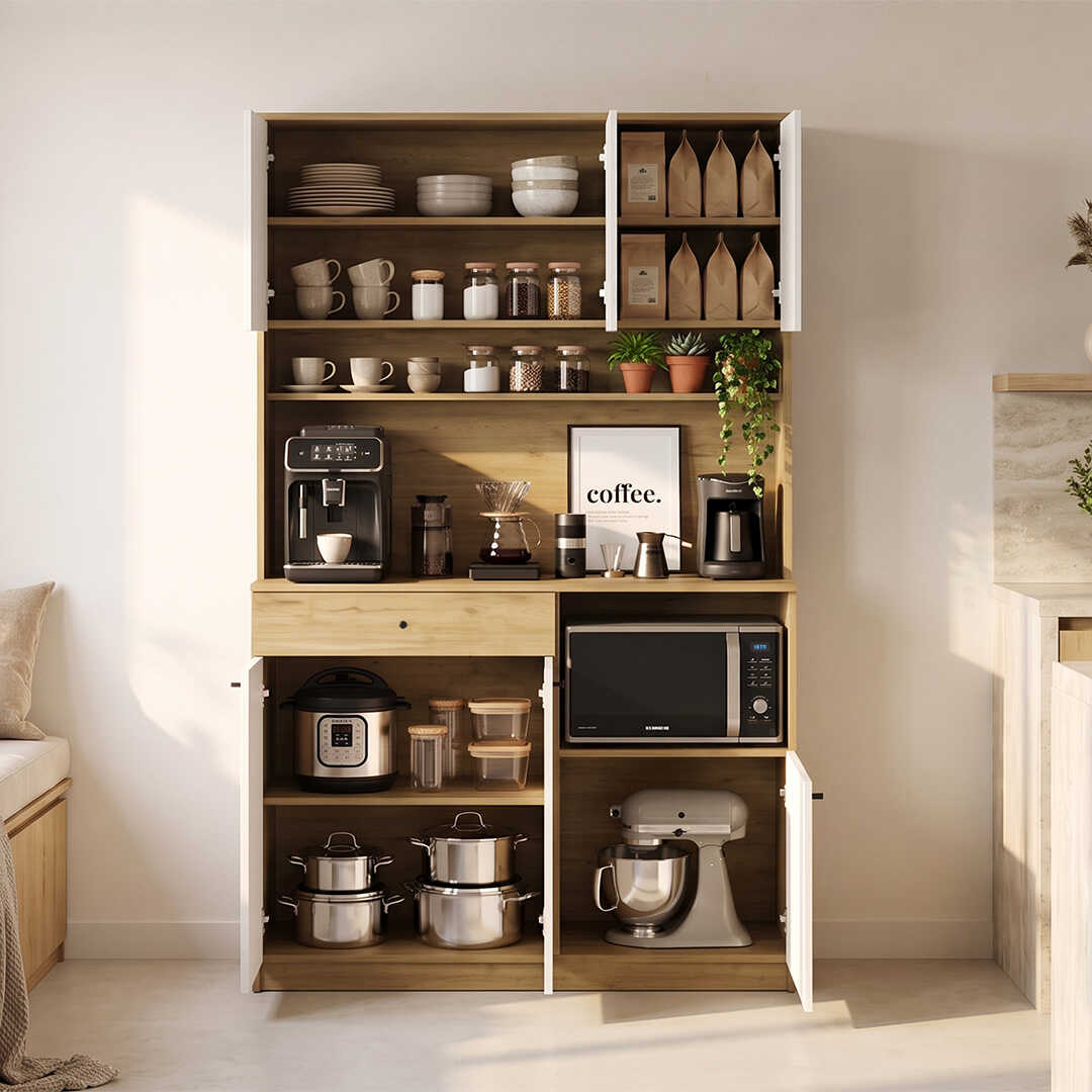 Dulap multifunctional Adore Lungo pentru colt de cafea, 6 usi si 1 sertar, Stejar - Alb, 120x195x45 cm