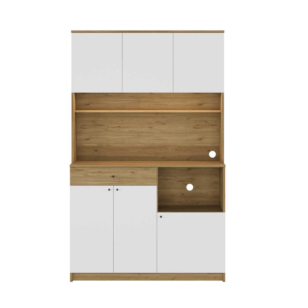 Dulap multifunctional Adore Lungo pentru colt de cafea, 6 usi si 1 sertar, Stejar - Alb, 120x195x45 cm