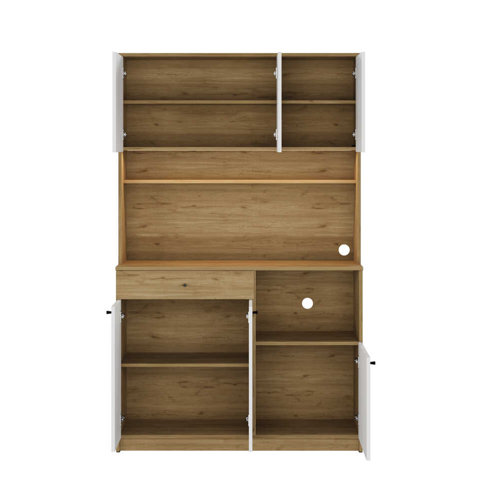Dulap multifunctional Adore Lungo pentru colt de cafea, 6 usi si 1 sertar, Stejar - Alb, 120x195x45 cm