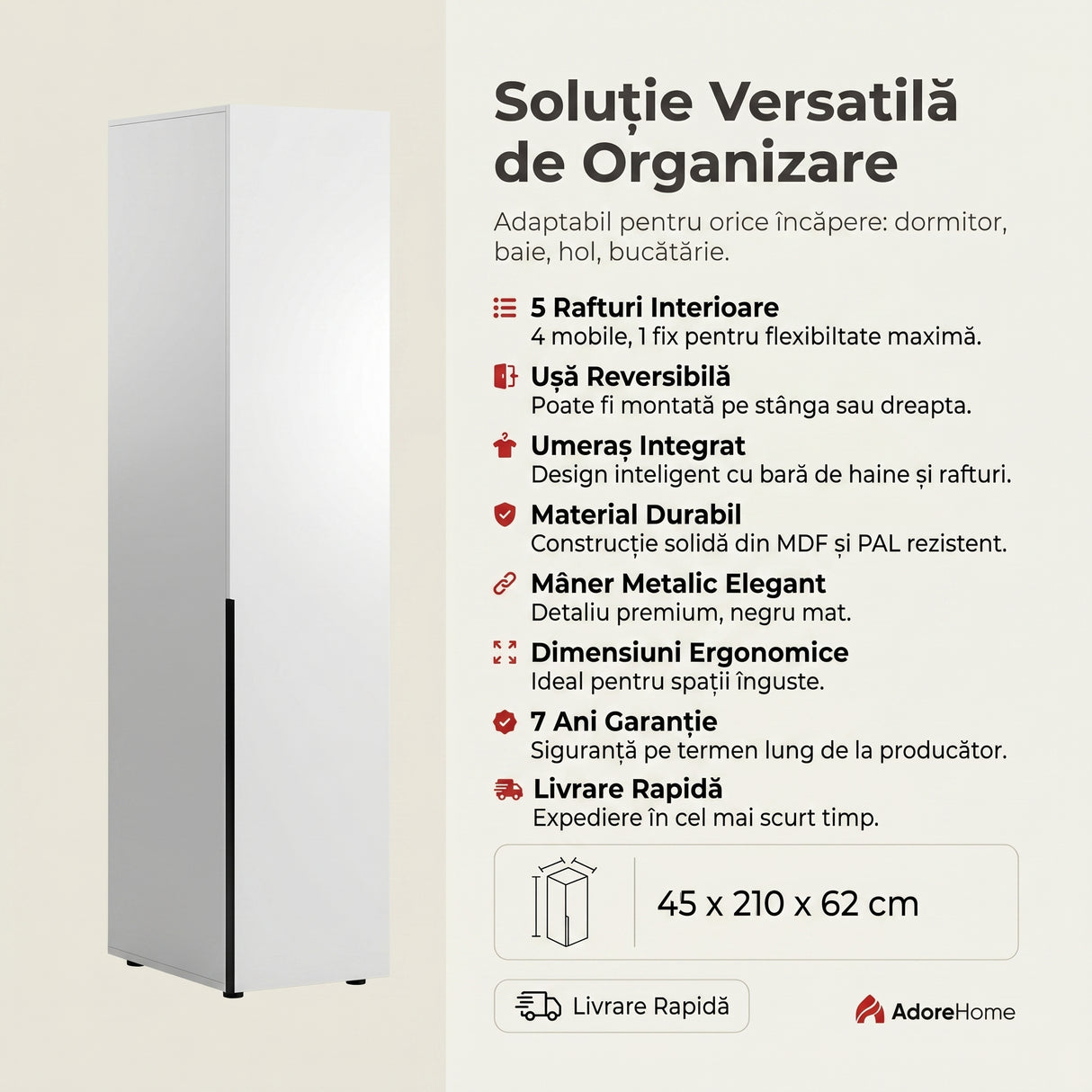 Dulap Multifunctional Adore Oryana, 5 rafturi si umeras, usa reversibila, Alb - Nuc, 45x210x62 cm - Alb