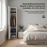 Dulap Multifunctional Adore Oryana, 5 rafturi si umeras, usa reversibila, Alb - Nuc, 45x210x62 cm - Alb