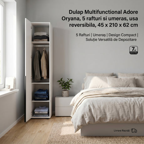 Dulap Multifunctional Adore Oryana, 5 rafturi si umeras, usa reversibila, Alb - Nuc, 45x210x62 cm