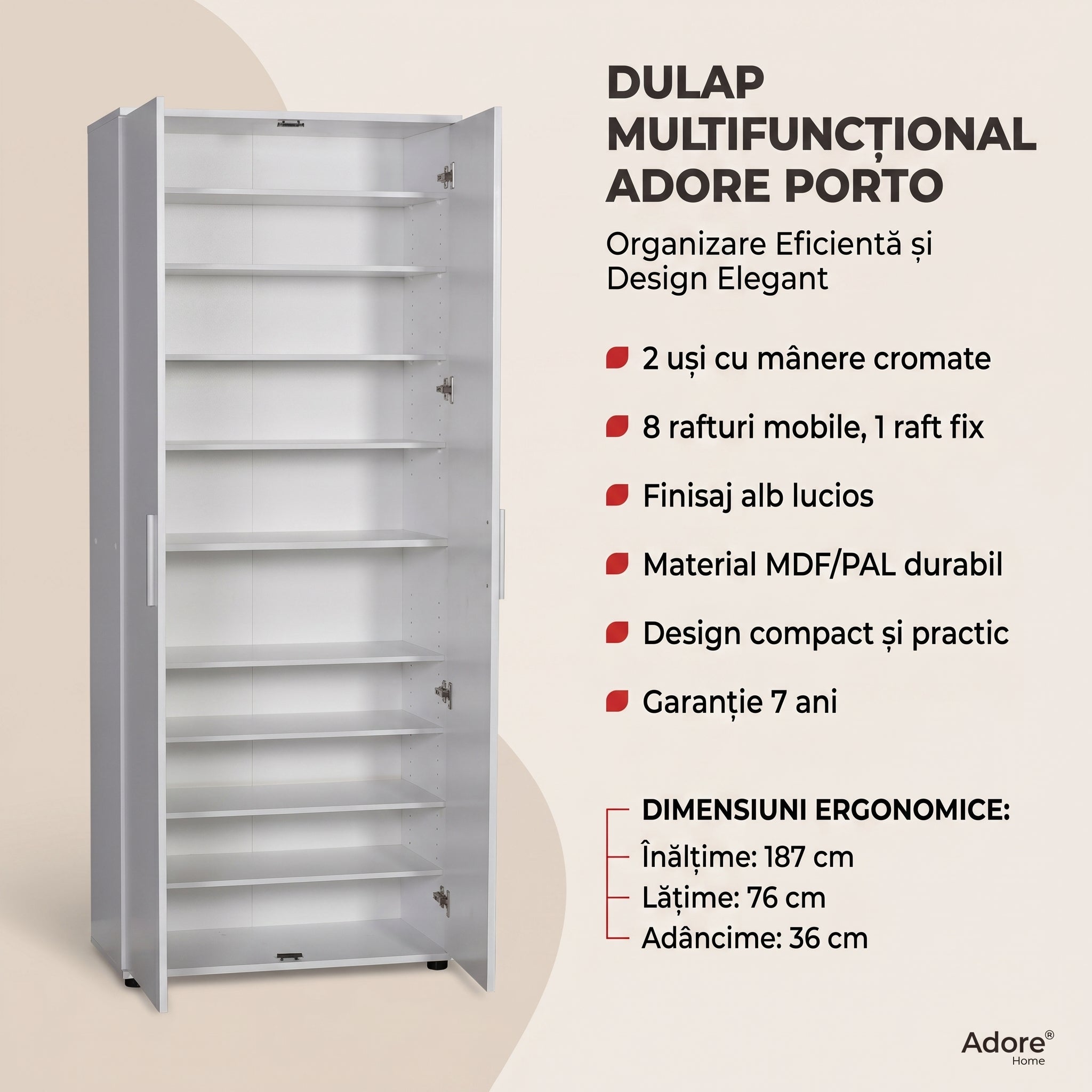 Dulap Multifunctional Adore Porto, 2 usi, 8 rafturi, Alb, 76 x 187