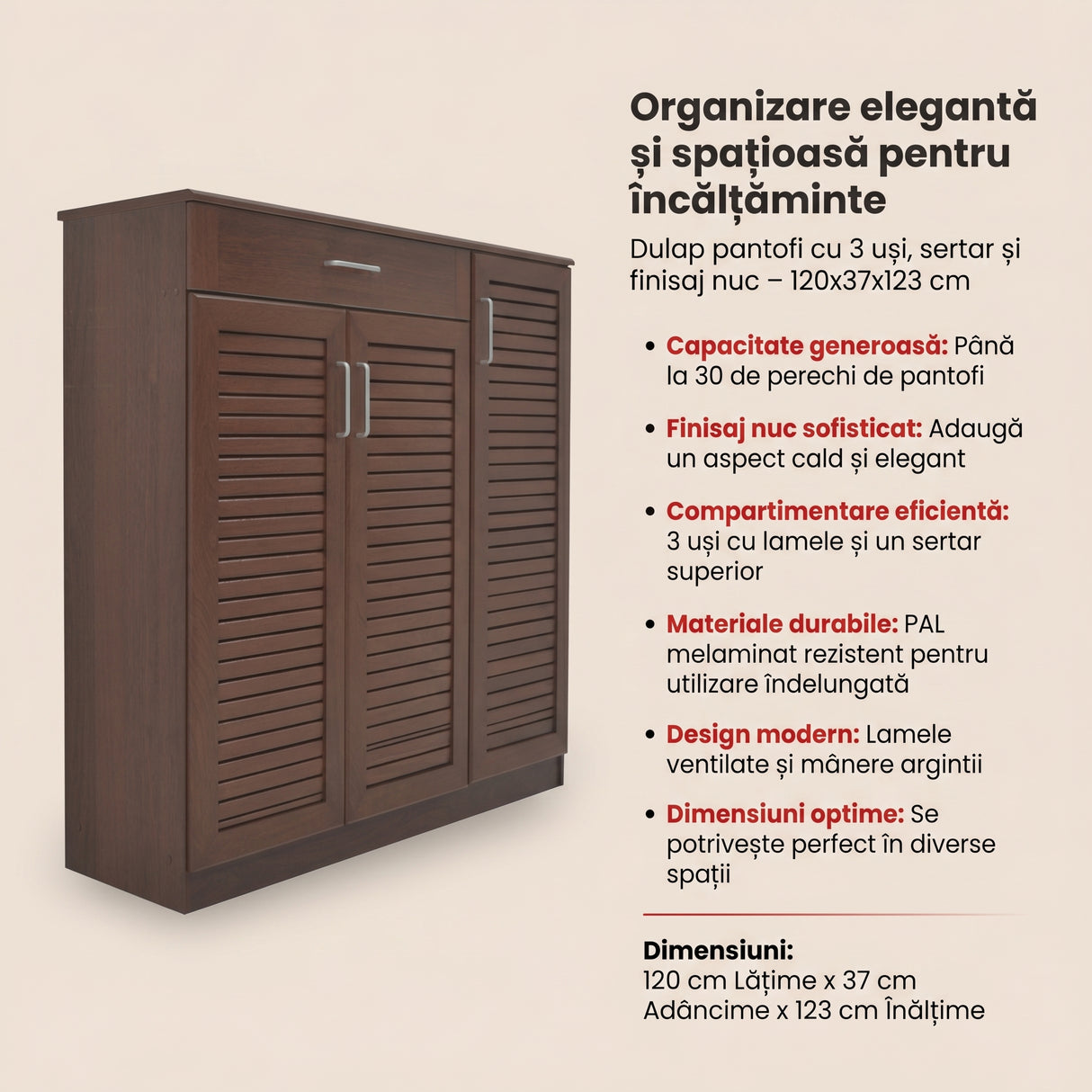Dulap pantofi Sante 30 perechi, nuc, 120x37x123 cm
