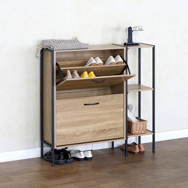 Dulap pentru pantofi pentru 12 perechi Karleva, Stejar cu metal, negru, 88x24x87 cm