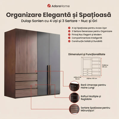 Dulap Sonlen cu 4 usi si 3 sertare, Nuc, 160x52x195 cm, detaliu produs