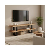 Dulap TV cu spatiu de depozitare Fuji, Lemn masiv de acacia, Natur, 140x40x52 cm