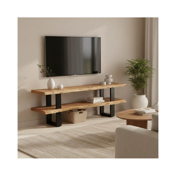 Dulap TV cu spatiu de depozitare Fuji, Lemn masiv de acacia, Natur, 140x40x52 cm