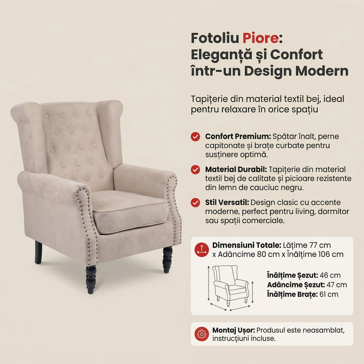 Fotoliu confortabil Piore, Stil Modern, Material tesatura Bej și Lemn de Cauciuc Negru, Dimensiuni 77x80x106 cm