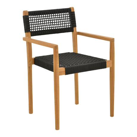 Fotoliu cu structură din lemn de teak, șnur, negru, 54x52x80 cm